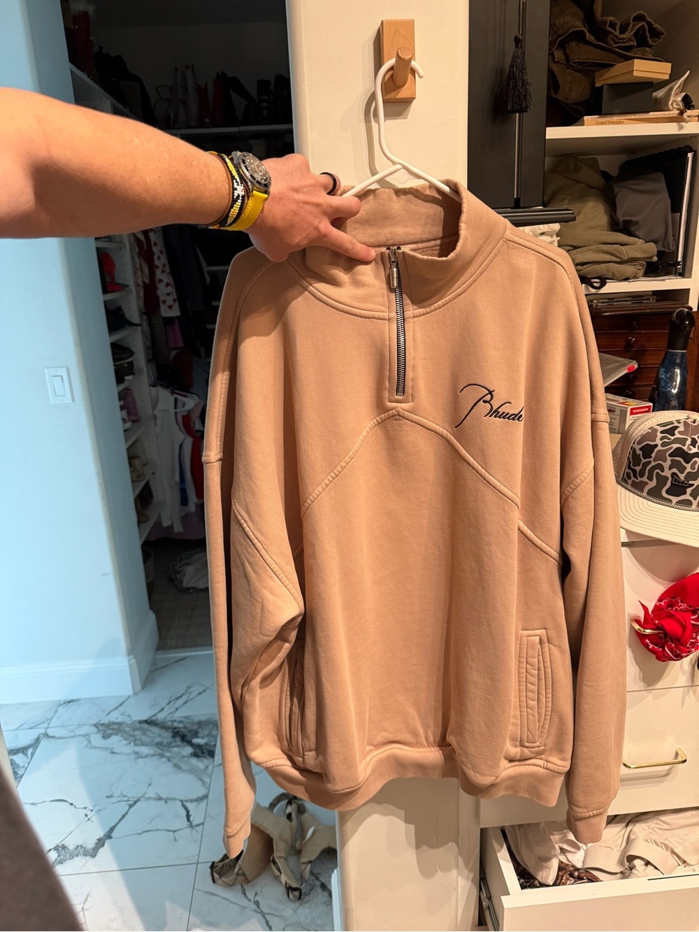Rhude Tan Half-Zip Sweatshirt with Script Logo xl
